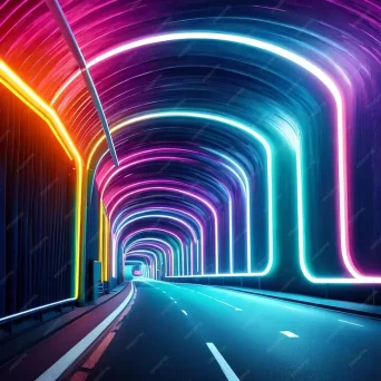 تصویر جاده نورپردازی شده با نور نئون تونل نورانی
