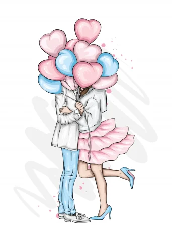 کارت پستال زوجی زیبا با بادکنک هایی به شکل قلب ولنتاین