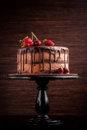 تصویر کیک شکلاتی با تزئین توت فرنگی و گیلاس
