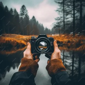 تصویر کلوزآپ دوربین در دست در حال عکاسی از مناظر زیبا دریاچه و جنگل
