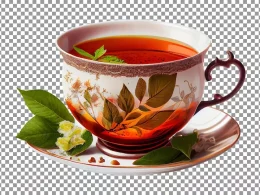 لایه باز چای تازه در فنجان و نعلبکی چینی طرحدار