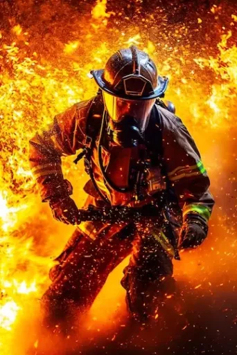 تصویر آتش نشان در داخل آتش بزرگ در حال عملیات با کلاه ایمنی