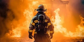 تصویر مرد آتش نشان ایستاده روبروی آتش آماده عملیات