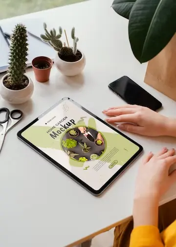 موکاپ صفحه نمایش تبلت با تصویر خانه باغ روی میز کار