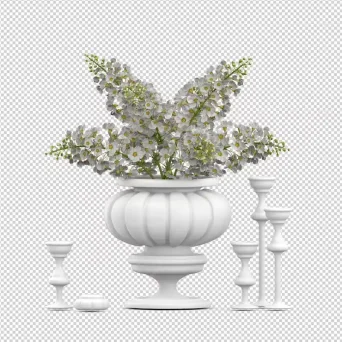 رندر سه بعدی گلدان سفید در طرح های مختلف با پایه بلند با گل سفید