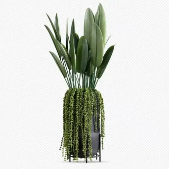 رندر سه بعدی گلدان سیاه با پایه فلزی همراه با گیاه سبز زیبا