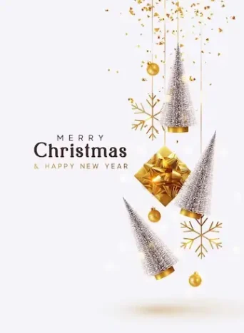 طراحی وکتور تبریک کریسمس و سال نو با تزئینات سفید طلایی