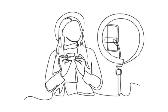 نقاشی تک خطی زن زیبا با استفاده از لامپ led سلفی و تلفن هوشمند موبایل روی سه پایه