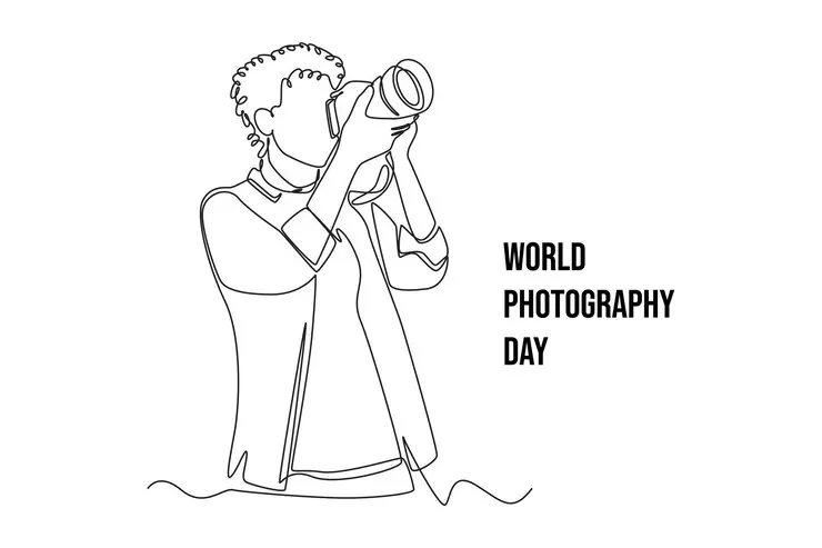 وکتور طراحی تک خطی مردی جوان در حال عکاسی به مناسبت روز جهانی عکاسی