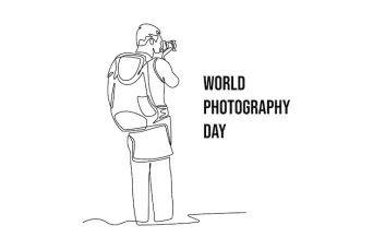 وکتور طراحی تک خطی مردی در حال عکاسی با کوله پشتی با مفهوم روز جهانی عکاسی