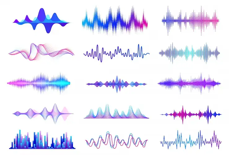 وکتور مجموعه امواج موسیقی و فرکانس های صوتی رنگی و سه بعدی