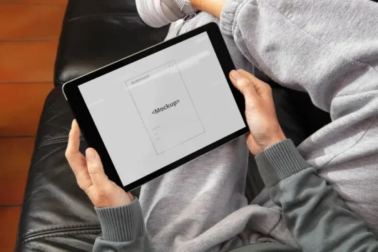 موکاپ صفحه نمایش تبلت در دستان یک بزرگسال در حال ریلکس روی مبل چرمی