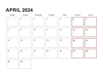 طراحی وکتور تقویم برنامه ریز دیواری برای آوریل 2024