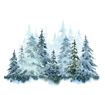 فایل وکتور نقاشی آبرنگی درخت کریسمس پس زمینه طبیعت جنگل برف زمستانی